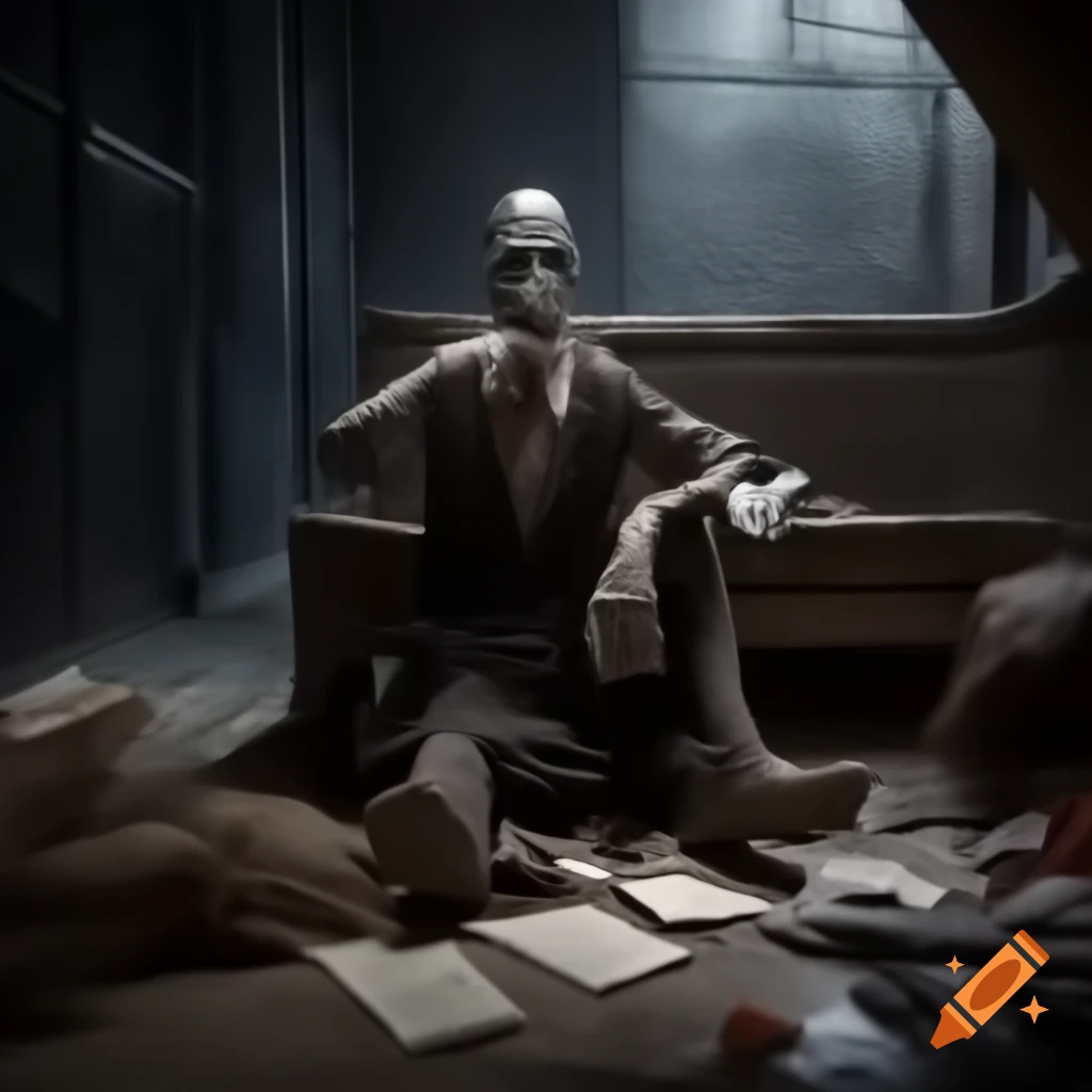 Horror ghoul in tattered clothes in abandoned hotel lobby with surprised man holding pen and papers