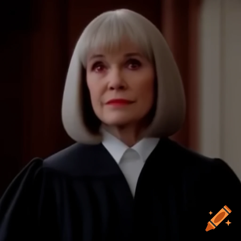 Judge Judy with red eyes, a striking and dramatic portrayal