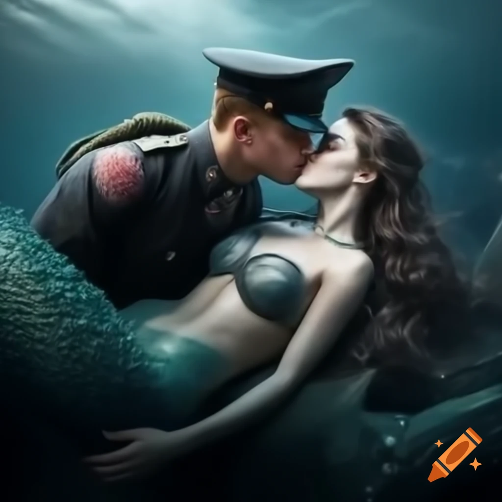 Soldier kissing a mermaid in a whimsical scene
