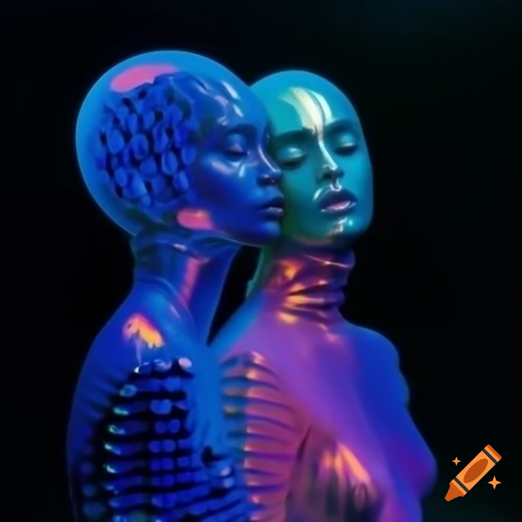 Pop surreal photography featuring iridescent glass statue and psychedelic couple