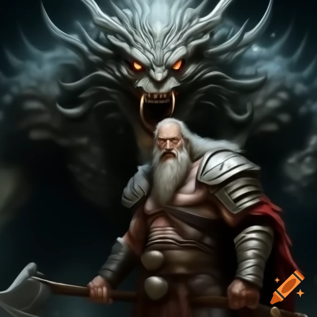 Odin battling Fenrir with axe clashing against monster's jaws