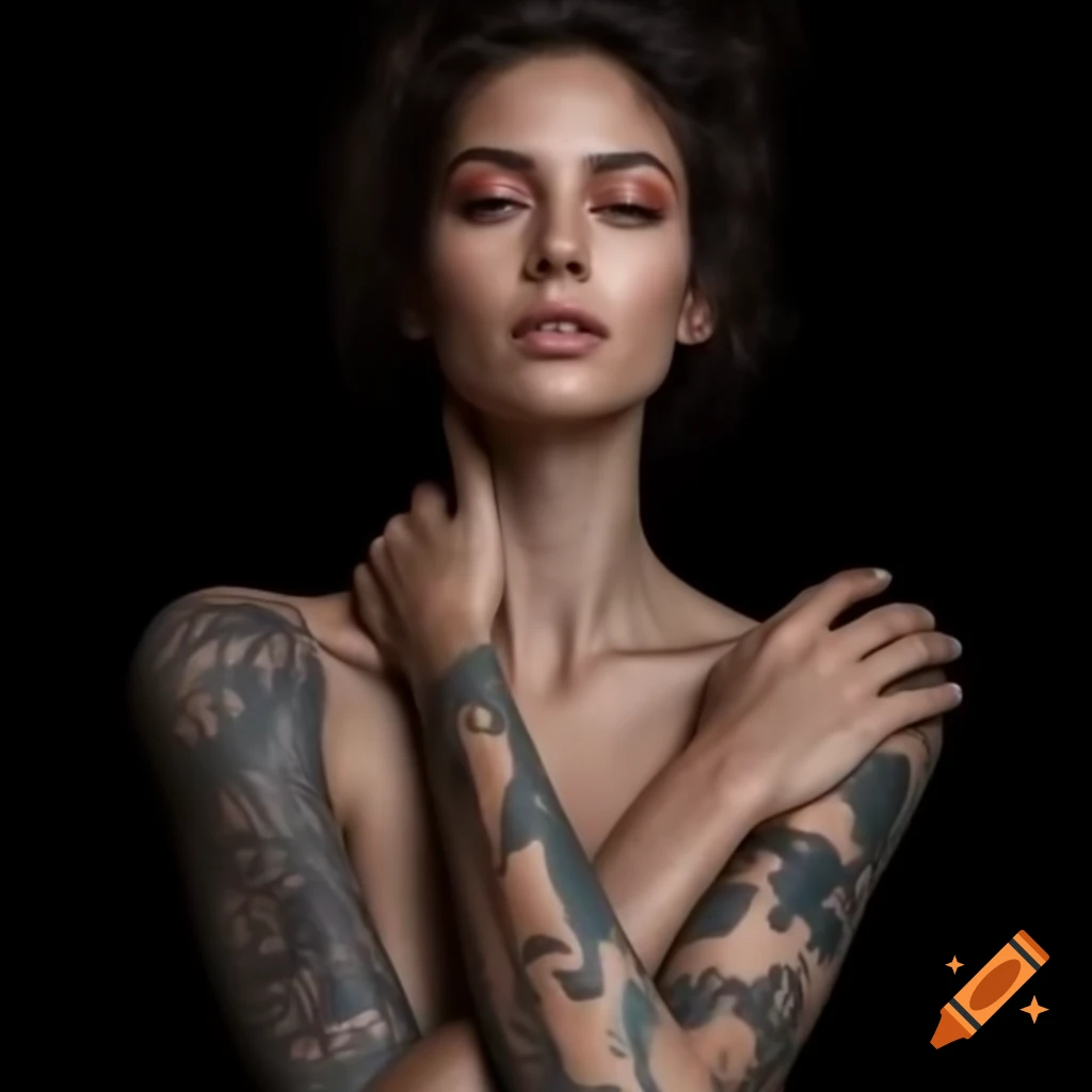 Photorealistic woman showcasing sleeve tattoos