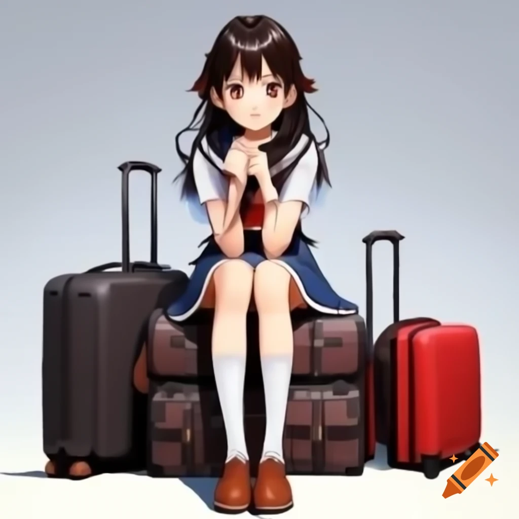 Anime girl sitting on colorful suitcases