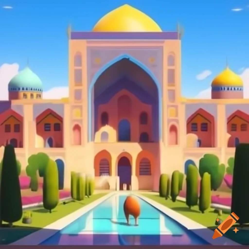 Colorful Persian arches and domes in watercolor with flower garden