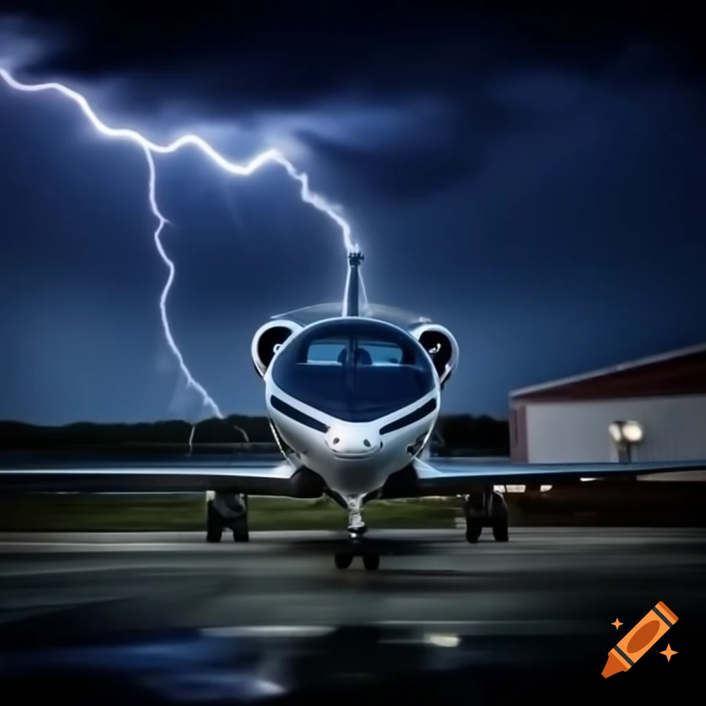 Lightning bolt striking parked private jet beside hangar