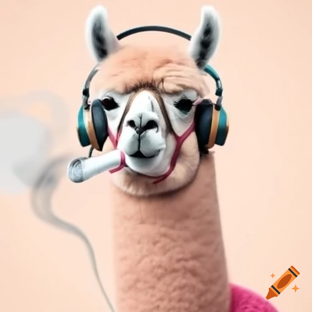 Realistic llama smoking a pipe, wearing pink headphones