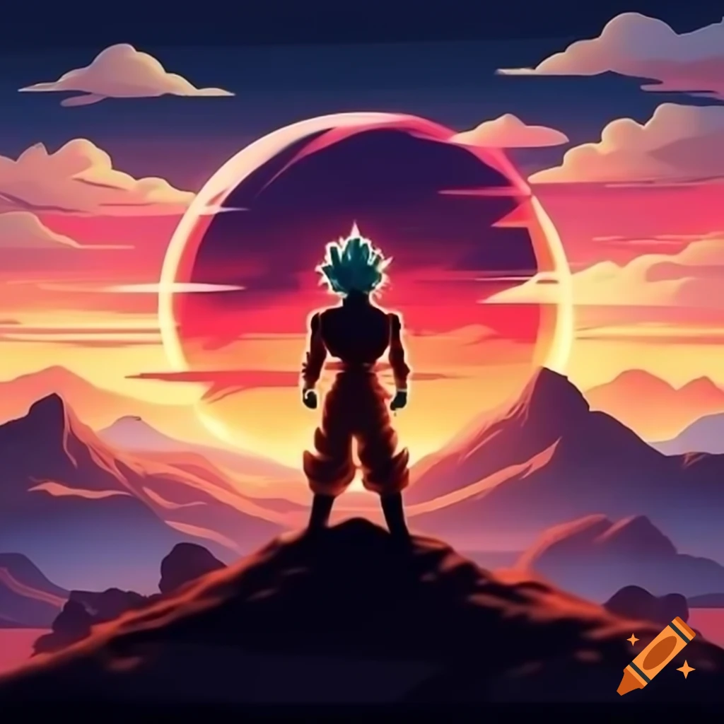 80's style rock album cover featuring super saiyan on mountain at sunset