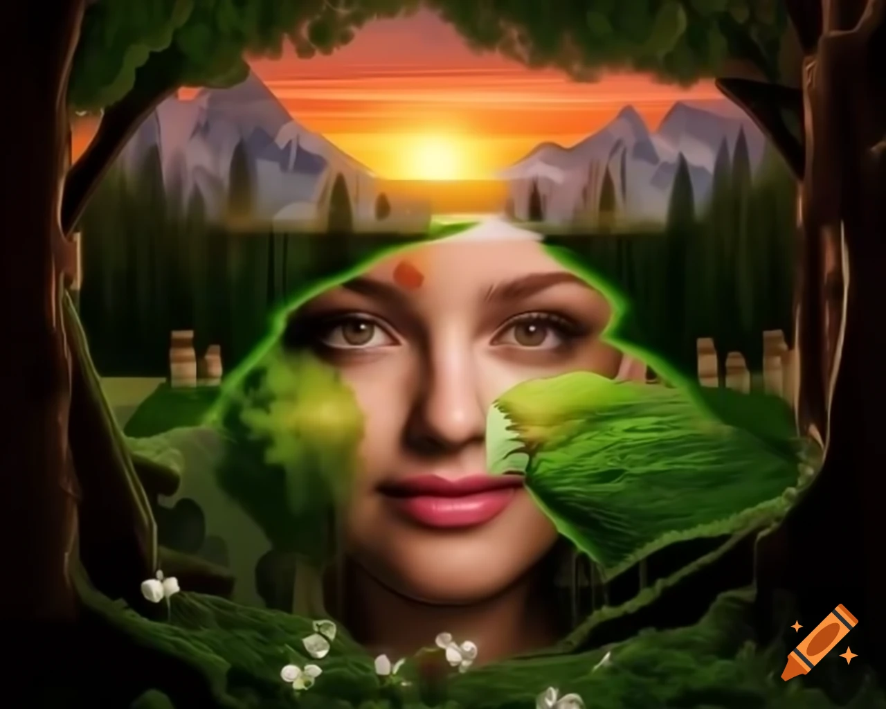 Surreal 3D render of woman's face in forest with wildflowers and butterflies