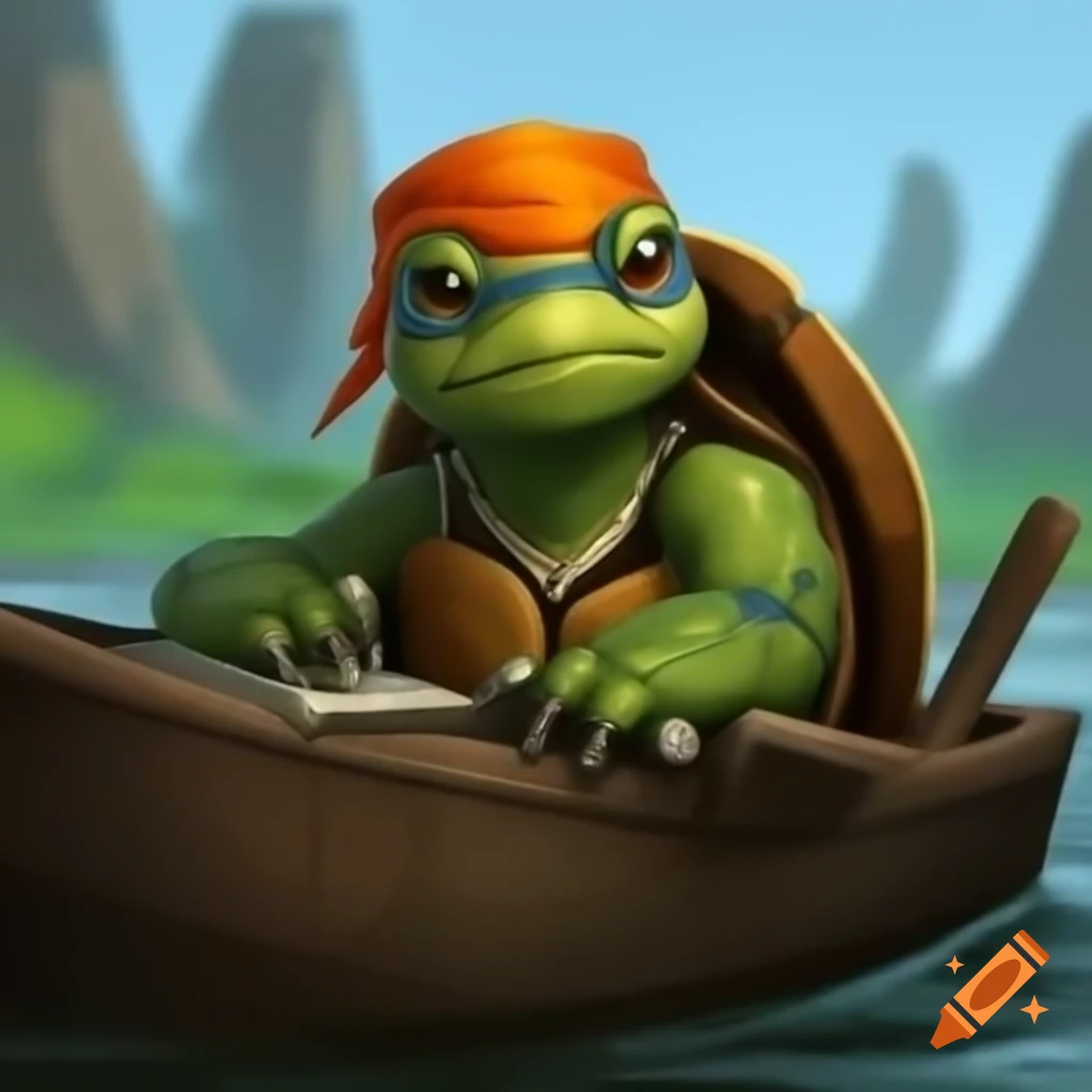Bipedal turtle with orange bandana and spellbook on wooden boat