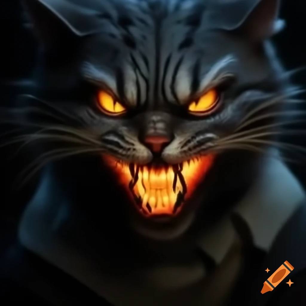 Creepy cat with fiery teeth and sinister stare