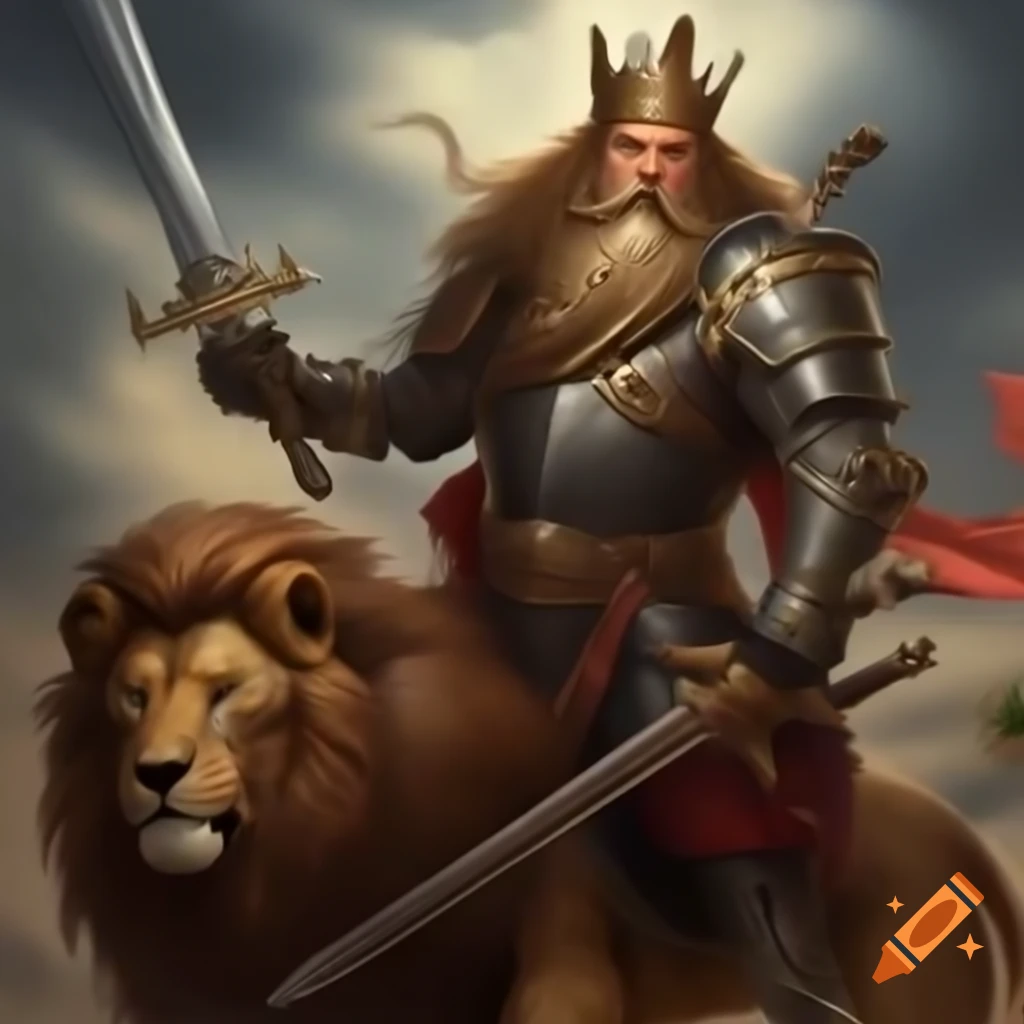 King in armor riding lion with large sword