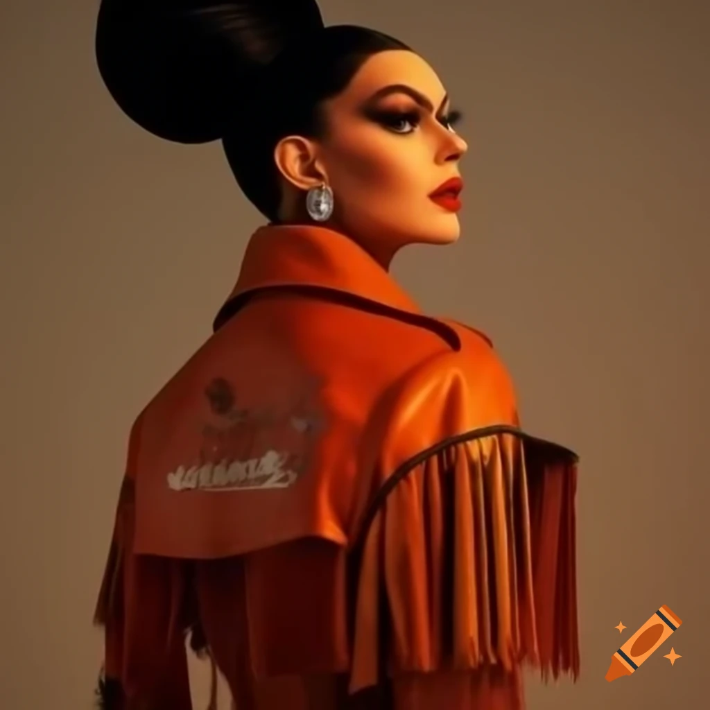 Monochromatic rustic orange promo look of a drag queen in country-inspired leather jacket with fringe