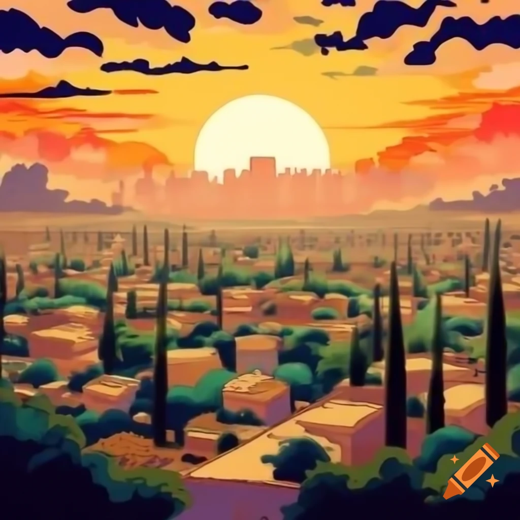 Shiraz city skyline with cypress trees and colorful sky, blocky oil painting