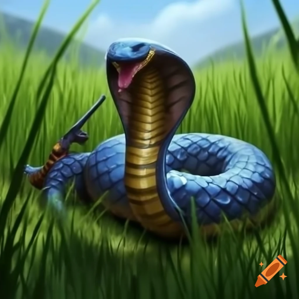Majestic golden cobra made of blue and gold metal in tall grass, gripping automatic machine gun