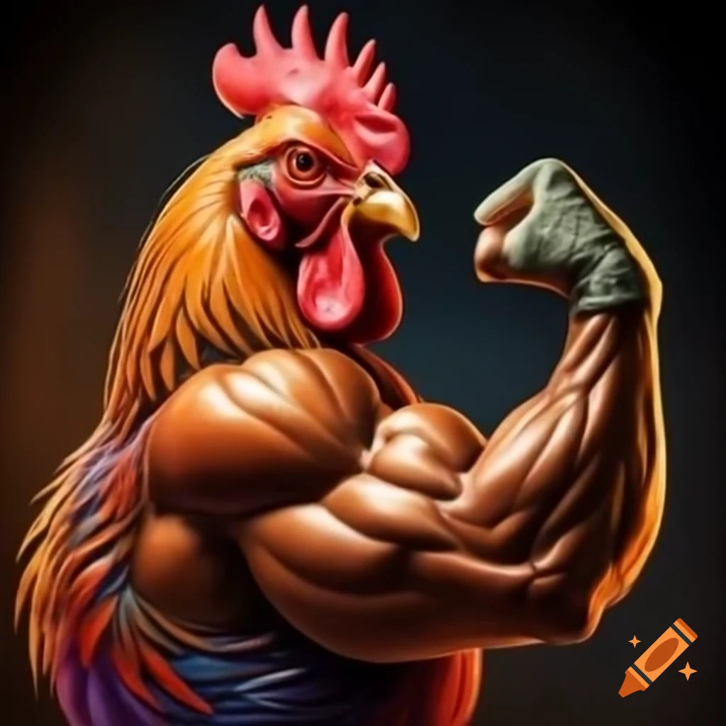 Colorful muscular rooster flexing biceps