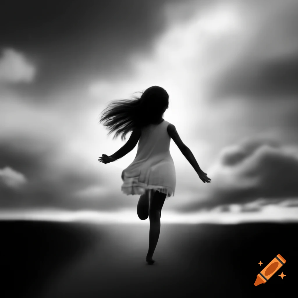 Girl running in a black and white dreamy landscape from behind