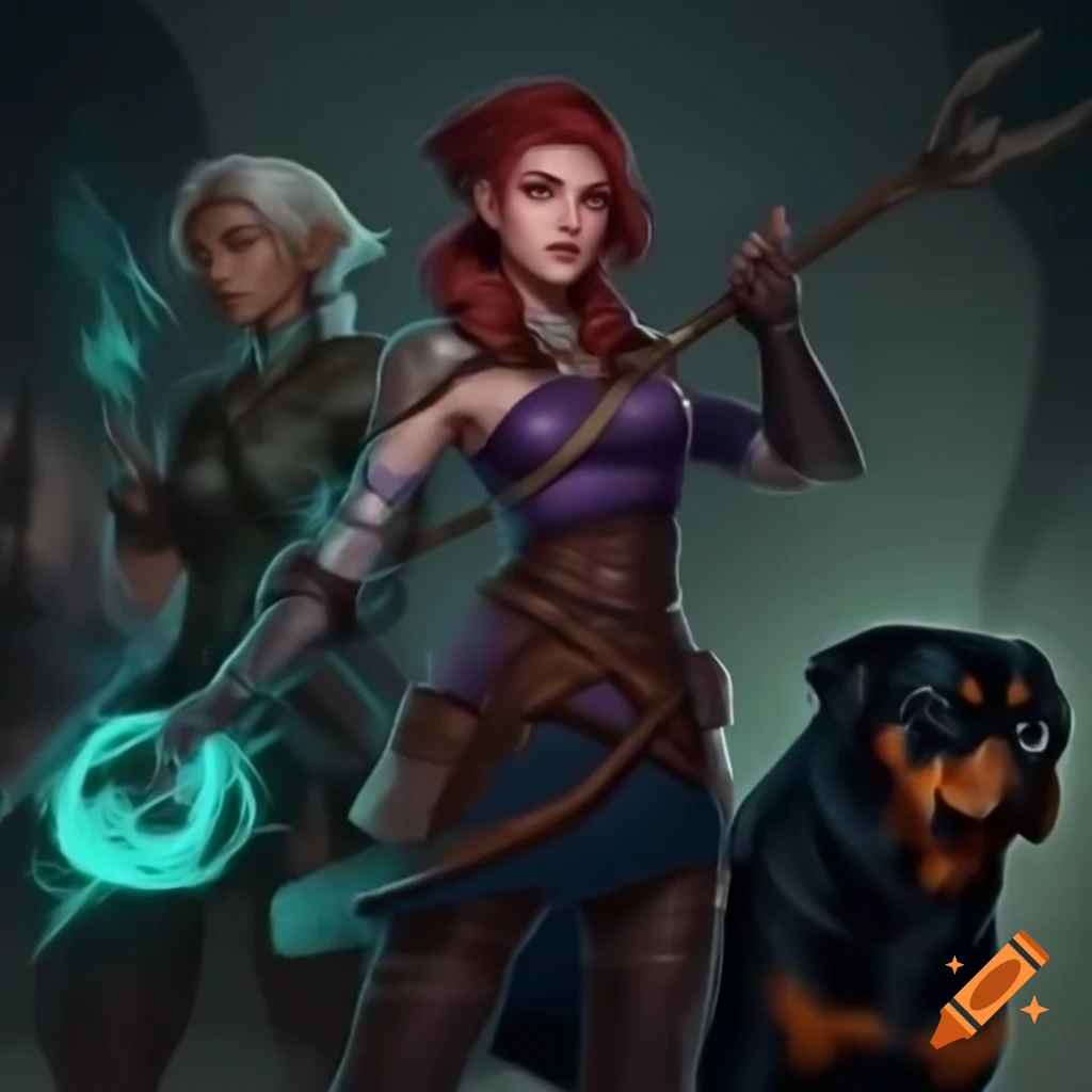 Fierce warrior with Rottweiler and companions in a fantasy setting