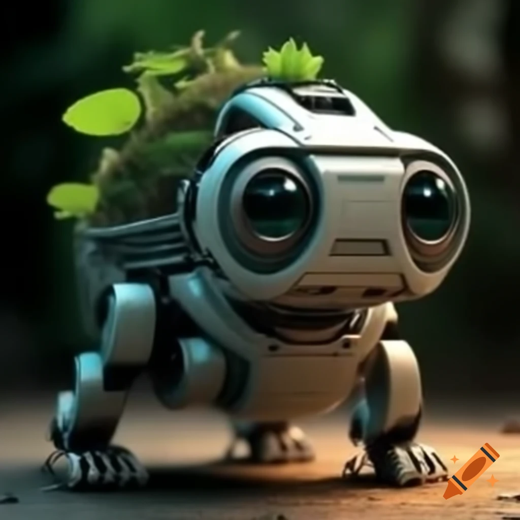 Robot dog merging with plants, showcasing nature and technology fusion
