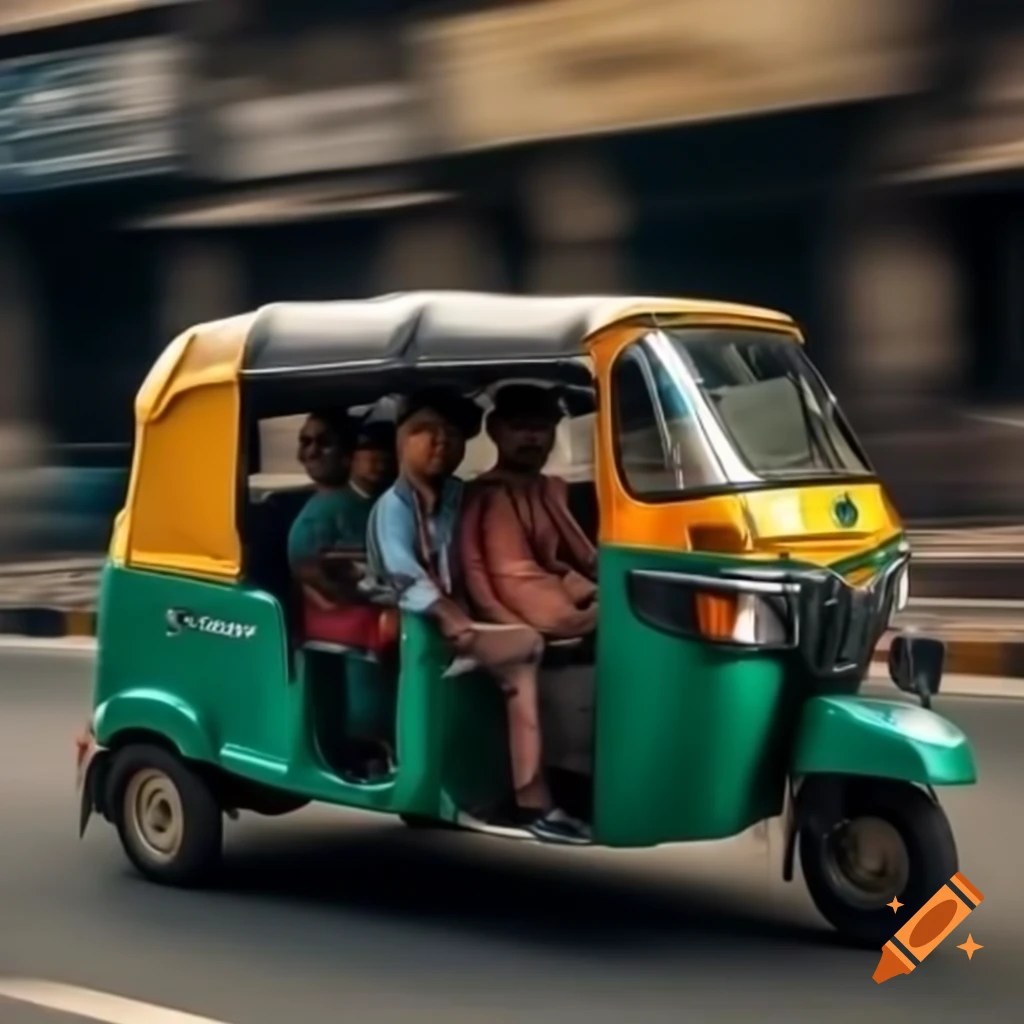 Brightly colored tuk tuk with passengers traveling at high speed