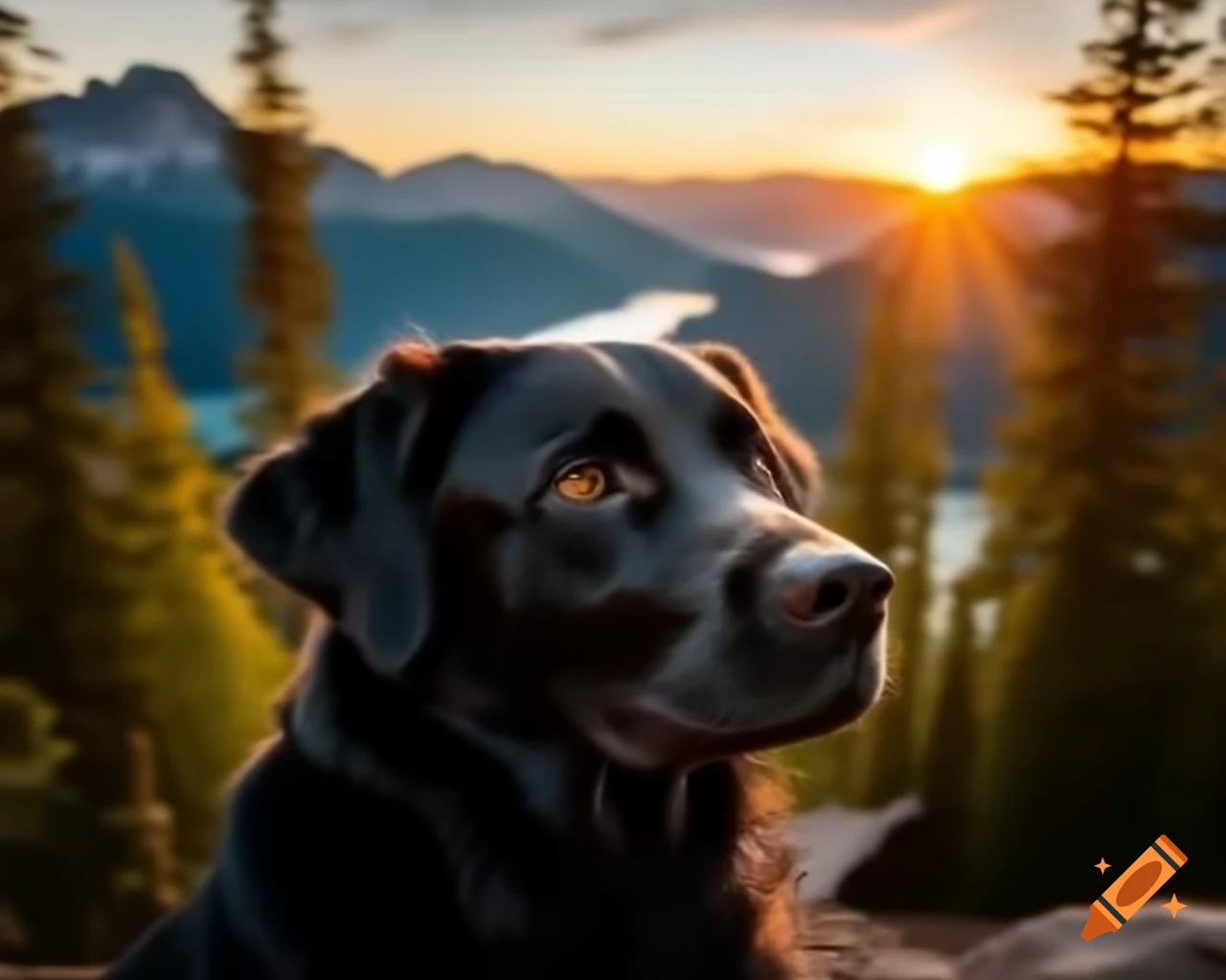 Black Labrador Retriever close-up in forest with trees background