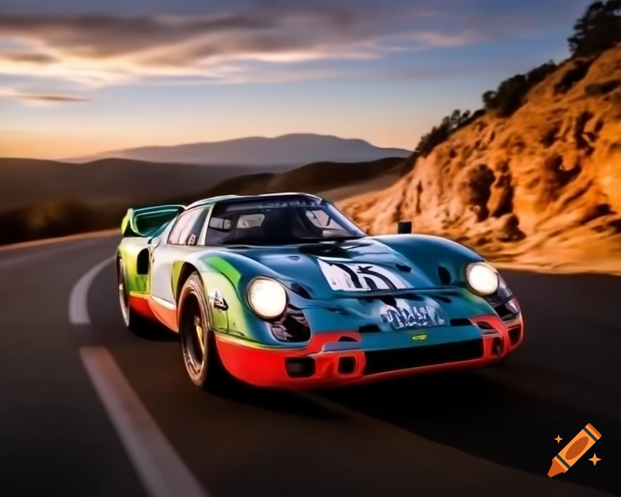 Porsche 917 drifting on winding road at Monte Carlo rally with red sundown, detailed painting