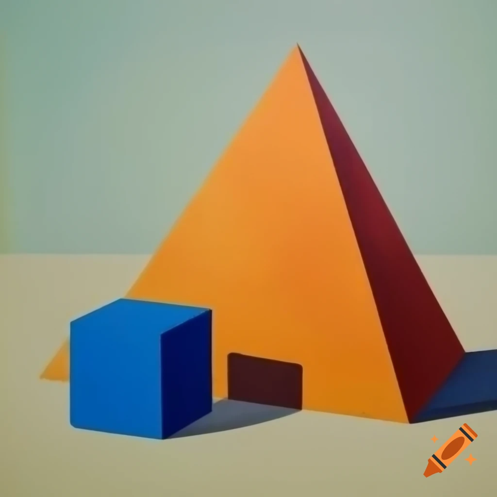 Abstract painting featuring geometric forms of cube and pyramid