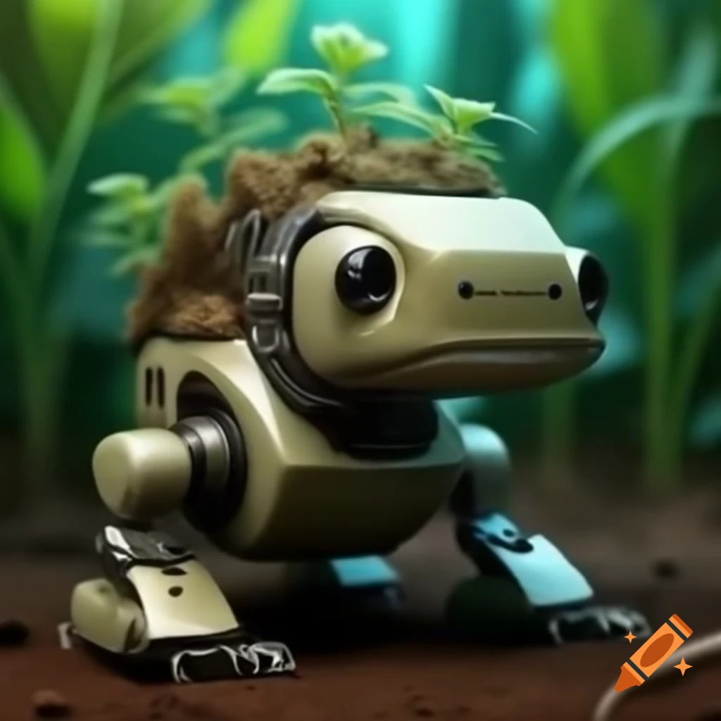 Robot dog merging with plants, showcasing nature and technology fusion
