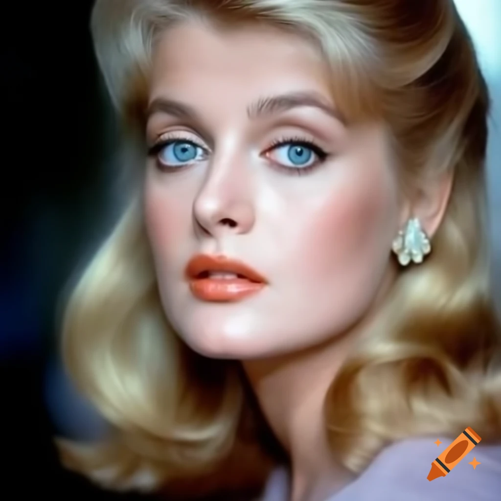Hyper-realistic photograph of a charming European actress from 1963 with porcelain skin and blue eyes