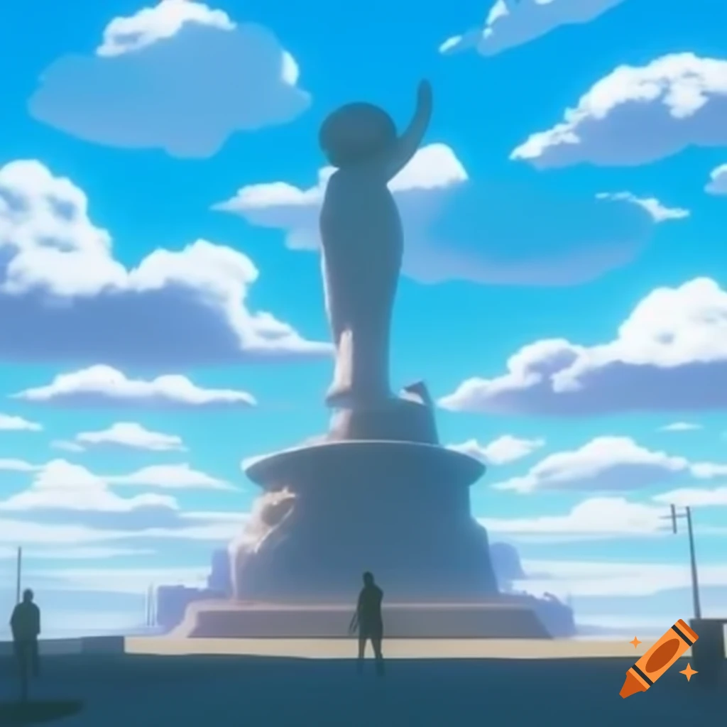 Pop surreal photography featuring anime statue against bright sky