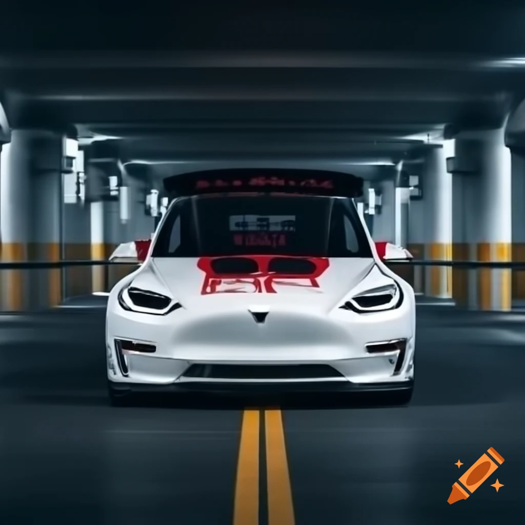 Customized white Tesla Model Y with red decals in underground parking lot