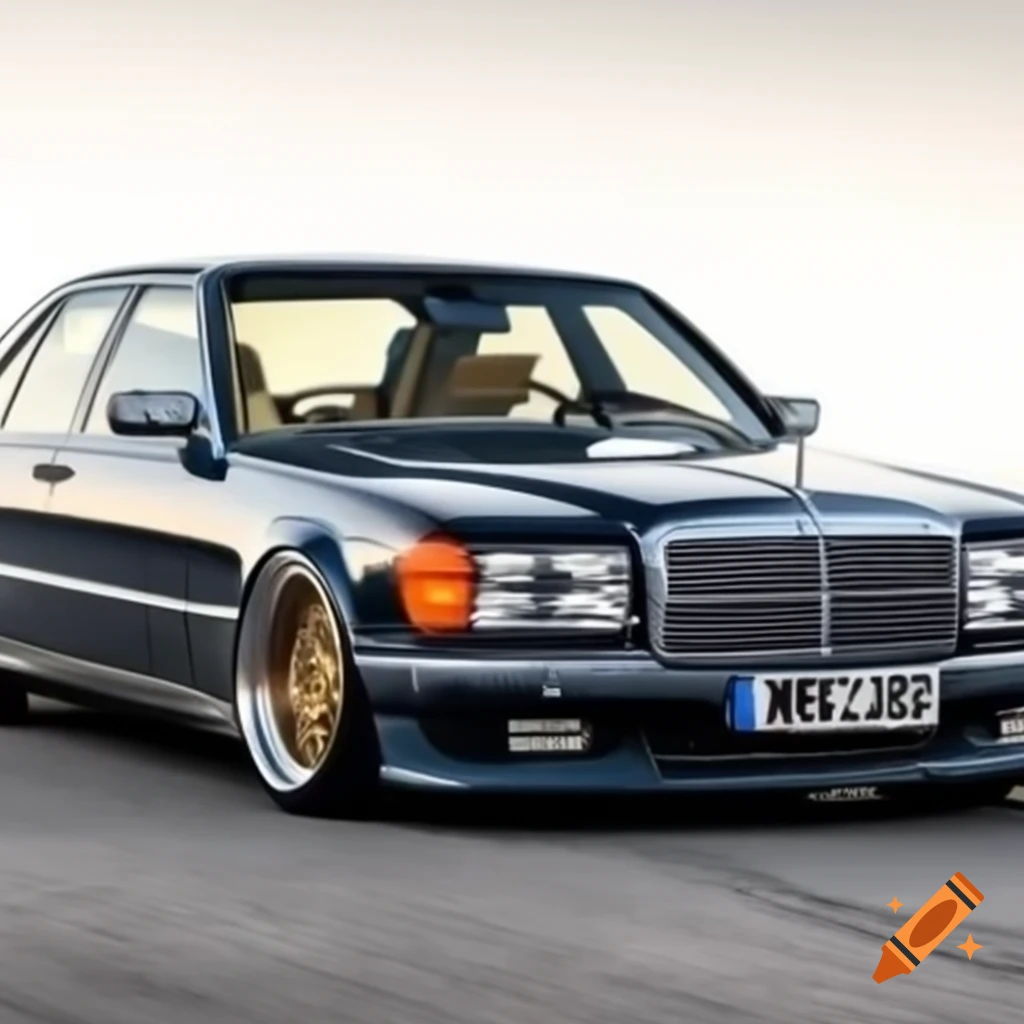 Classic Mercedes-Benz S-Class W126 in dark blue and metallic grey with gold-toned wheels