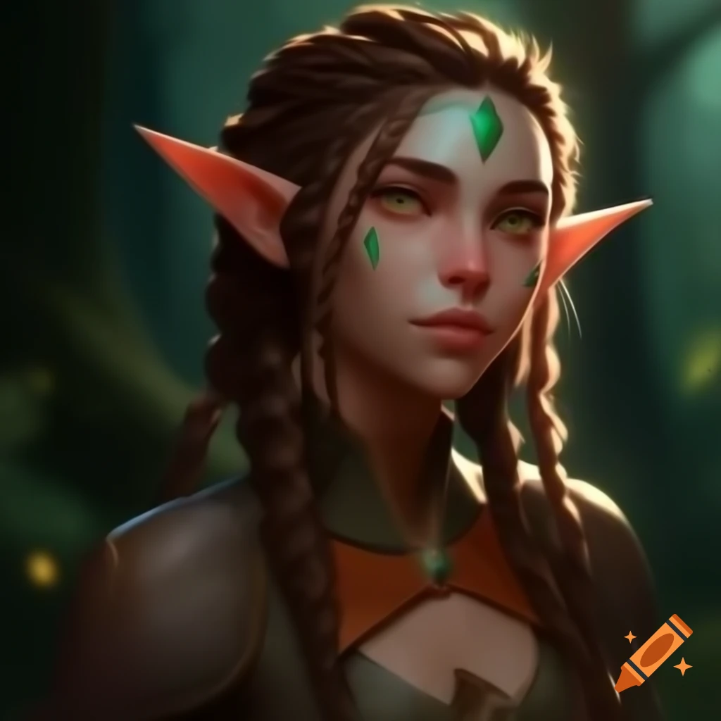 Digital illustration of a female elf sorceress in a deep forest setting