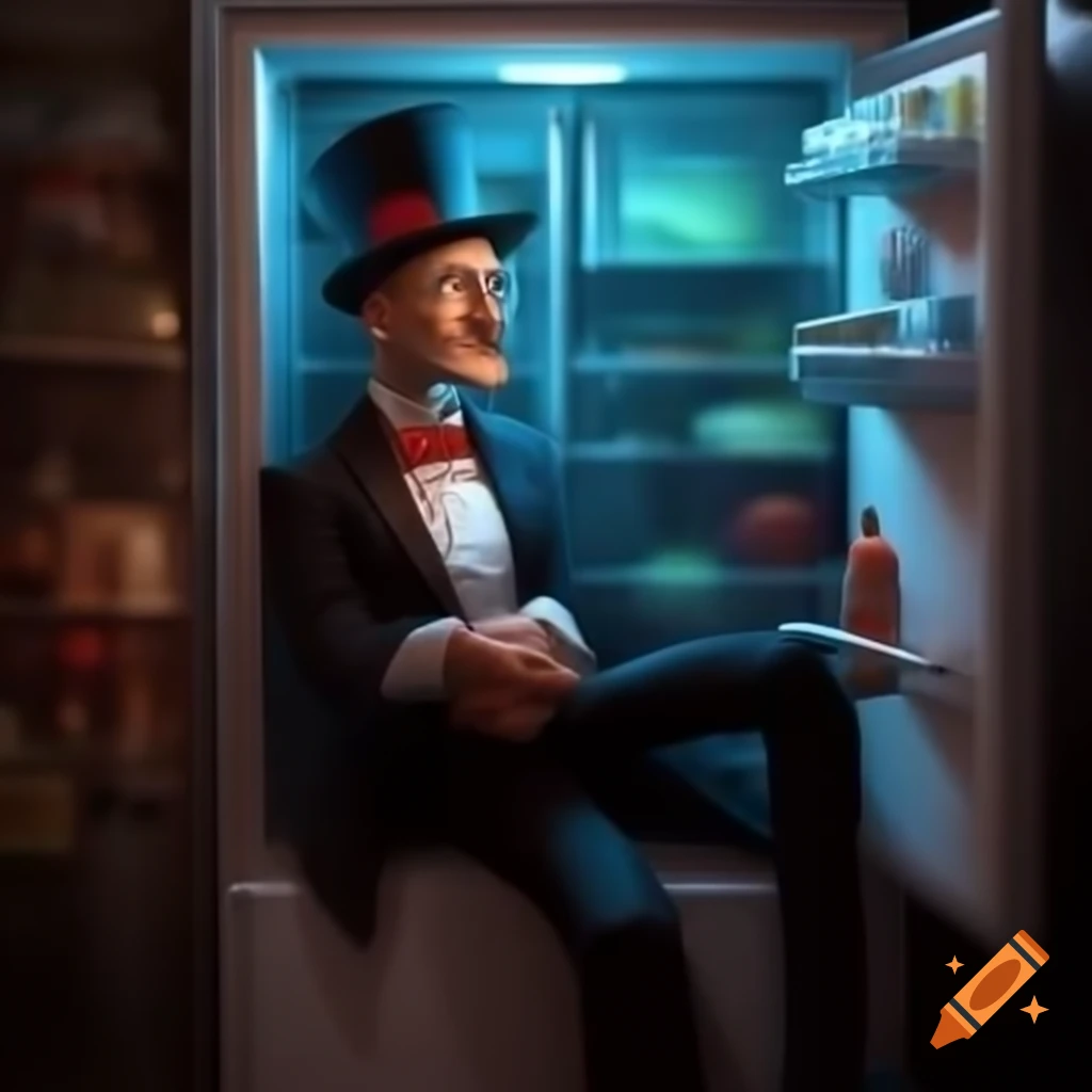 Magician sitting on refrigerator in a whimsical setting