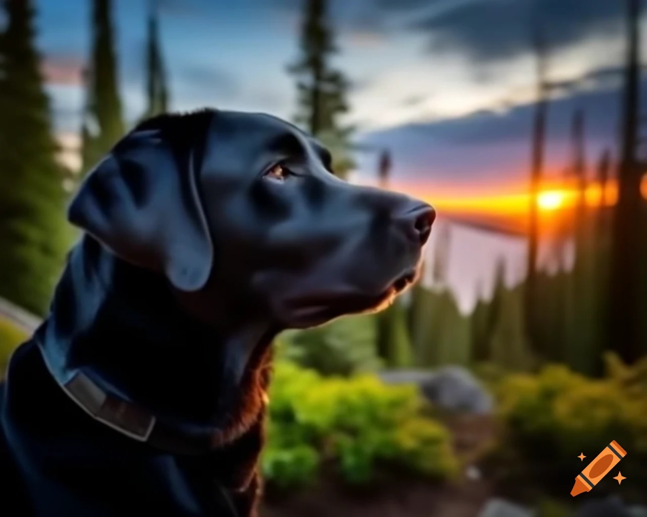 Black Labrador Retriever in forest facing camera with trees in background