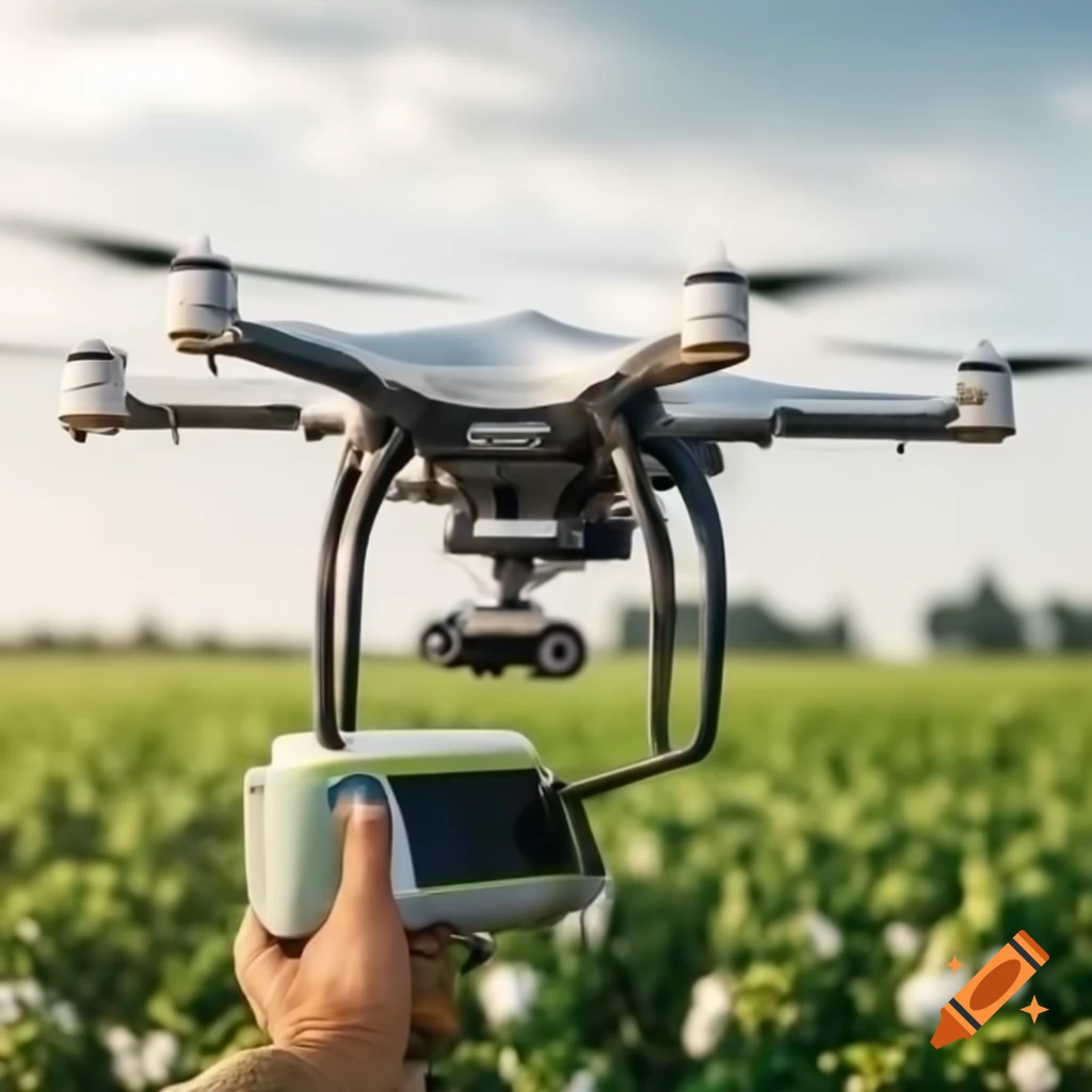 Agricultural drone applying pesticide over cotton field