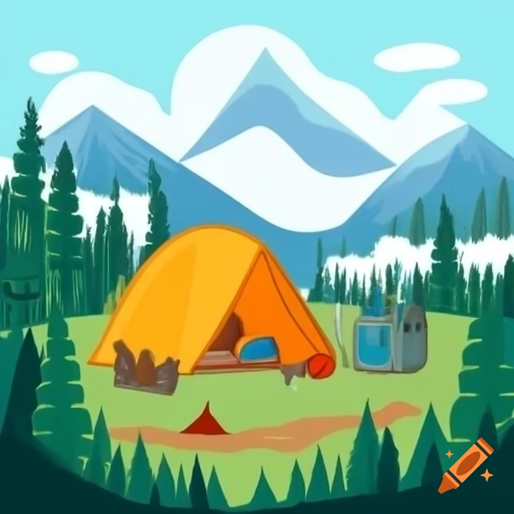 Whimsical outdoor designs featuring hiking trails, mountains, forests, and campfires