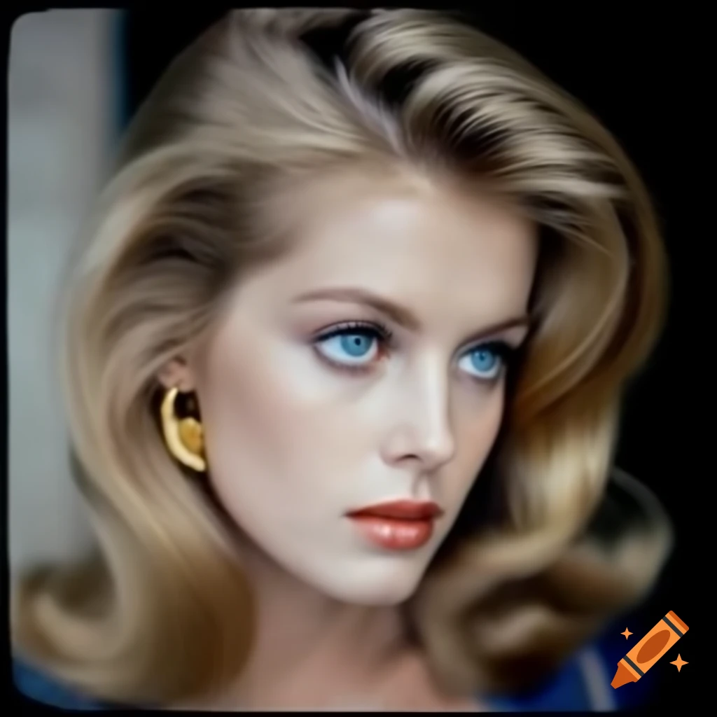 Hyper-realistic color photograph of a charming European actress from 1963 with porcelain skin and blue eyes