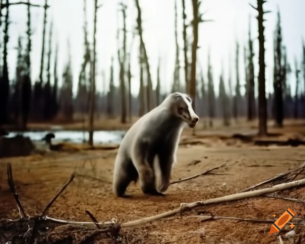 Bipedal hybrid creature walking on river bank in 1967 found footage