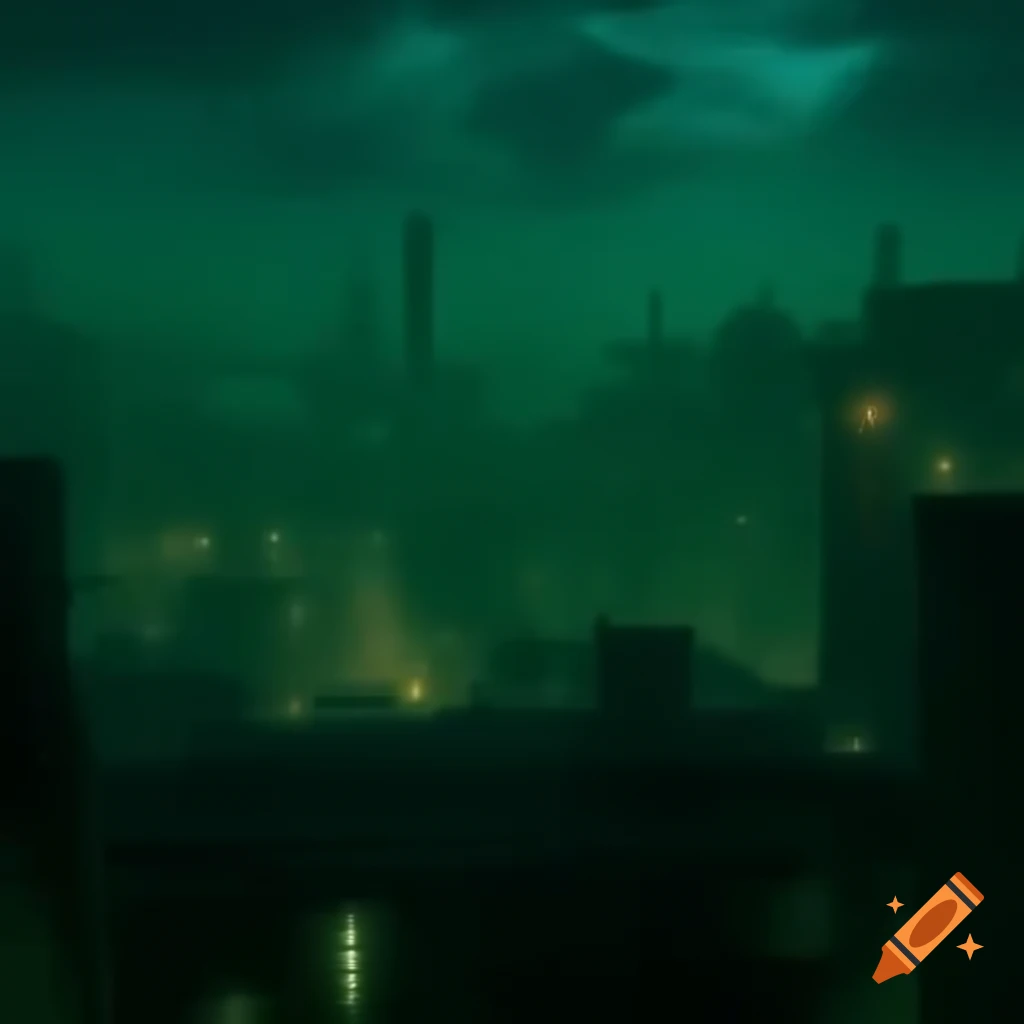 Gloomy industrial city with smog and dark green clouds
