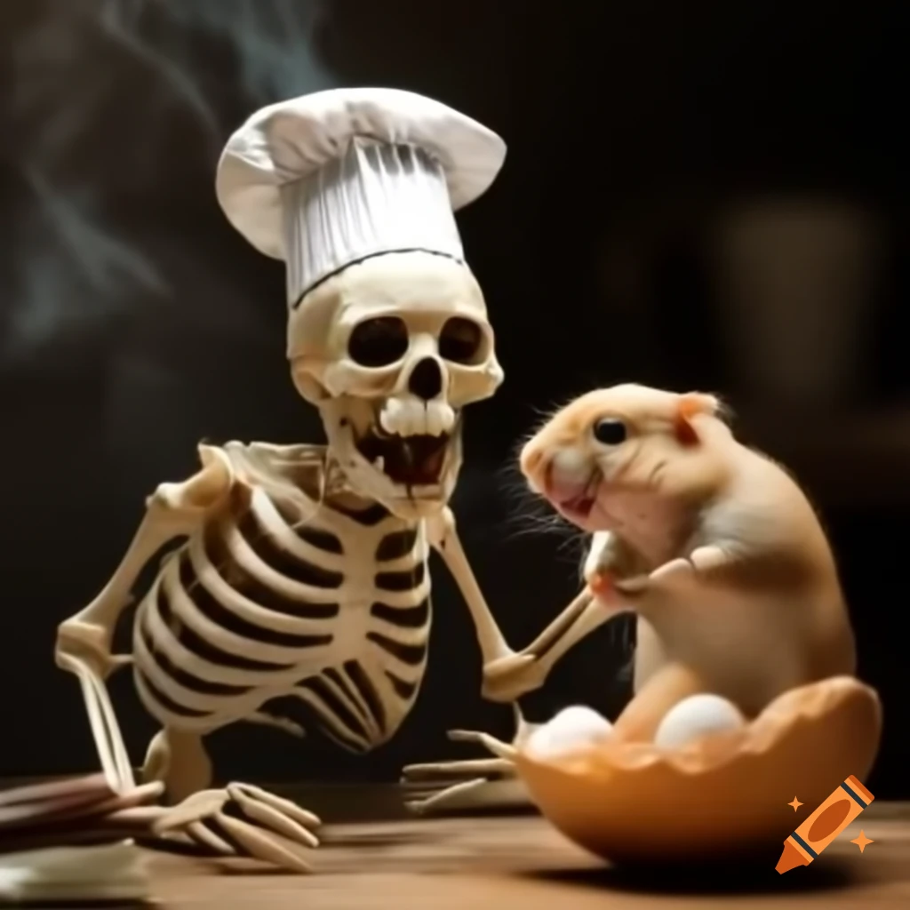 Skeleton chef yelling at gerbil for cooking mishap