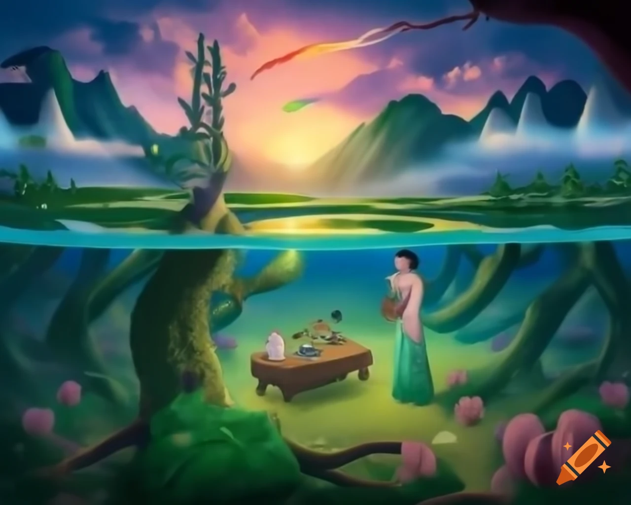 Porcelain fairy goddess in enchanted forest with wooden table