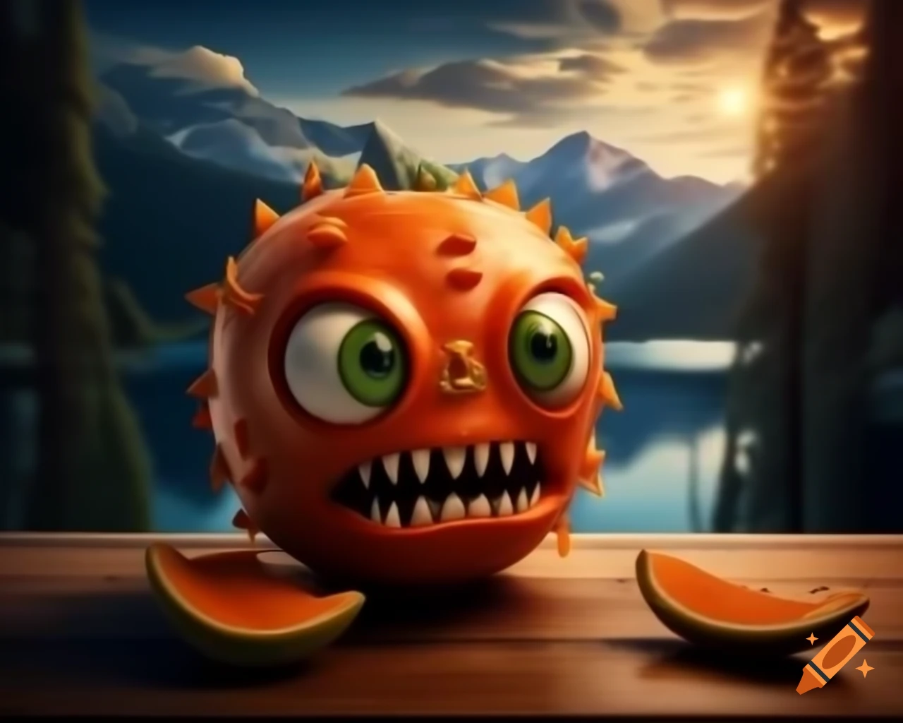 Hyper-realistic 3D orange monster with human features on wooden table