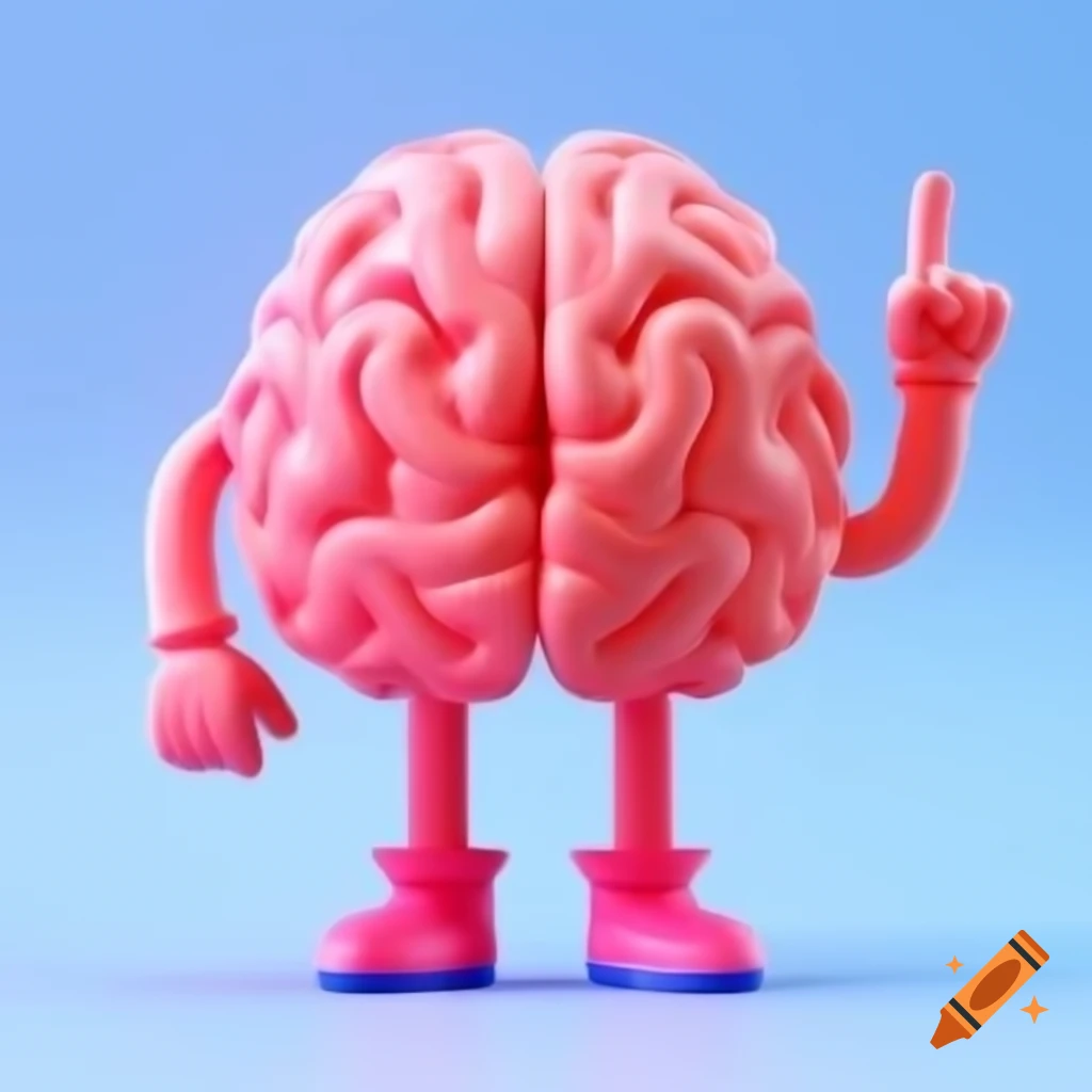 Cartoon brain character pointing to the sky with wand, facing away, clean background
