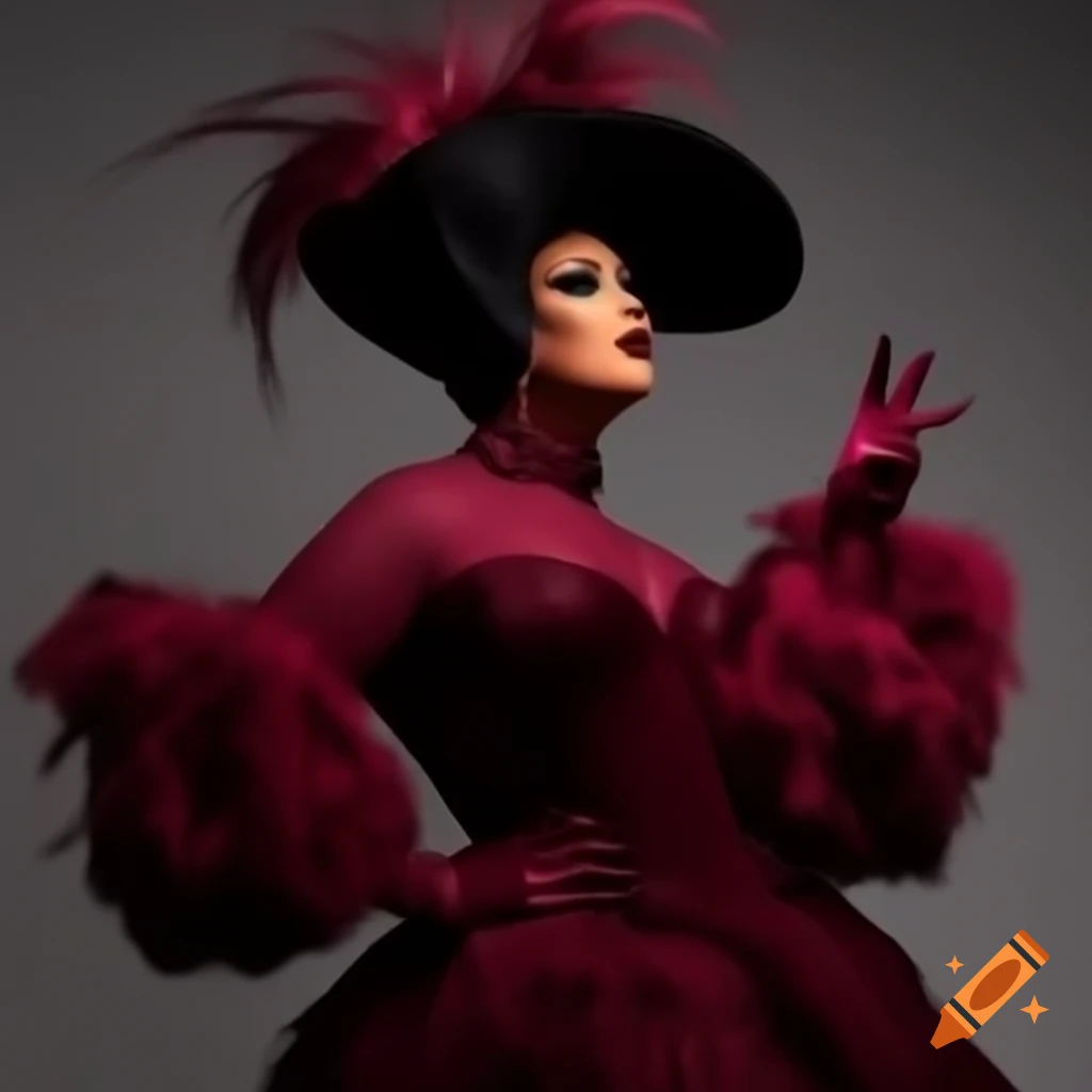 Luna Luminaire in deep burgundy monochromatic drag outfit, fitted bodice and flowing lace skirt