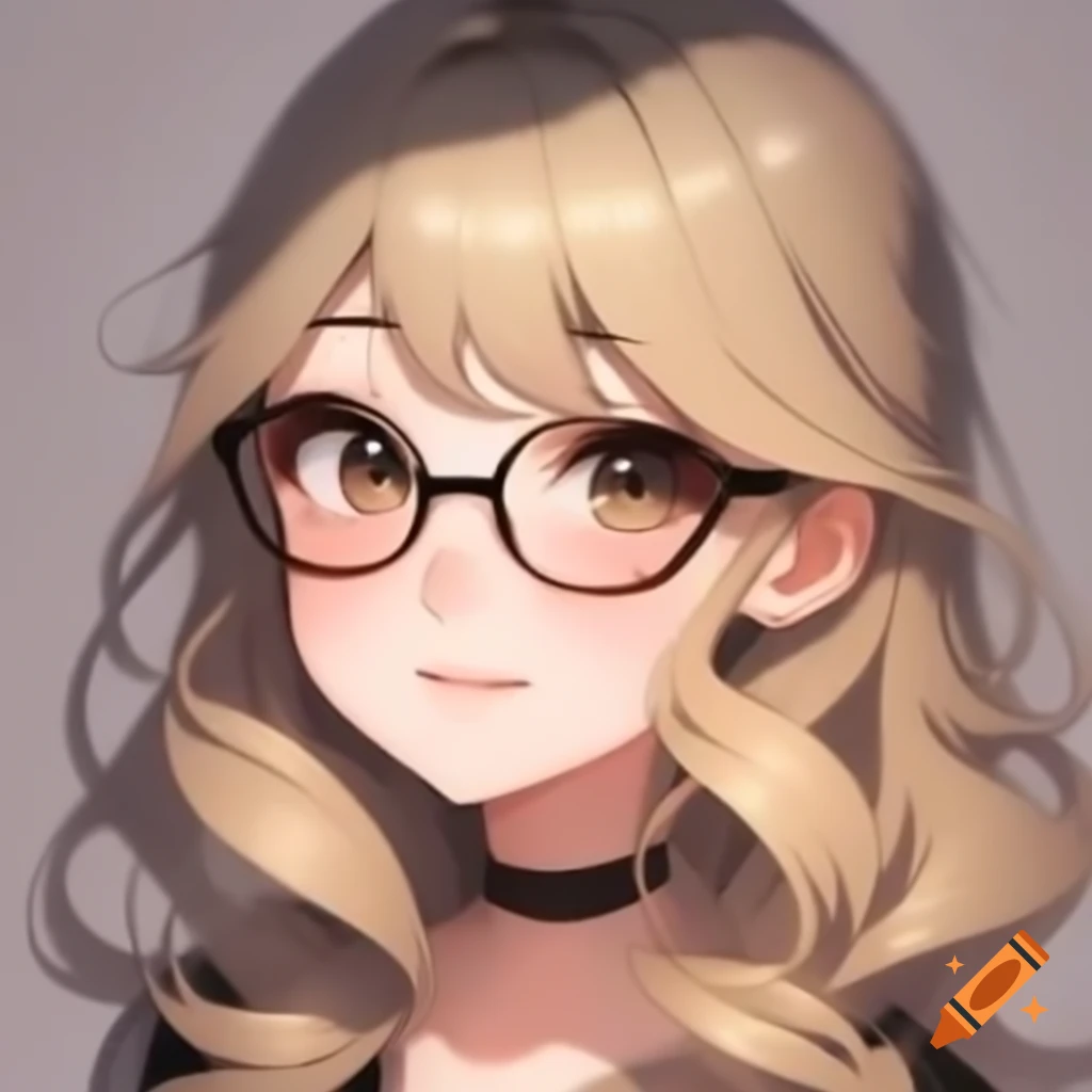 Anime headshot of a 34-year-old white female with wavy blonde and black hair, brown eyes, and glasses