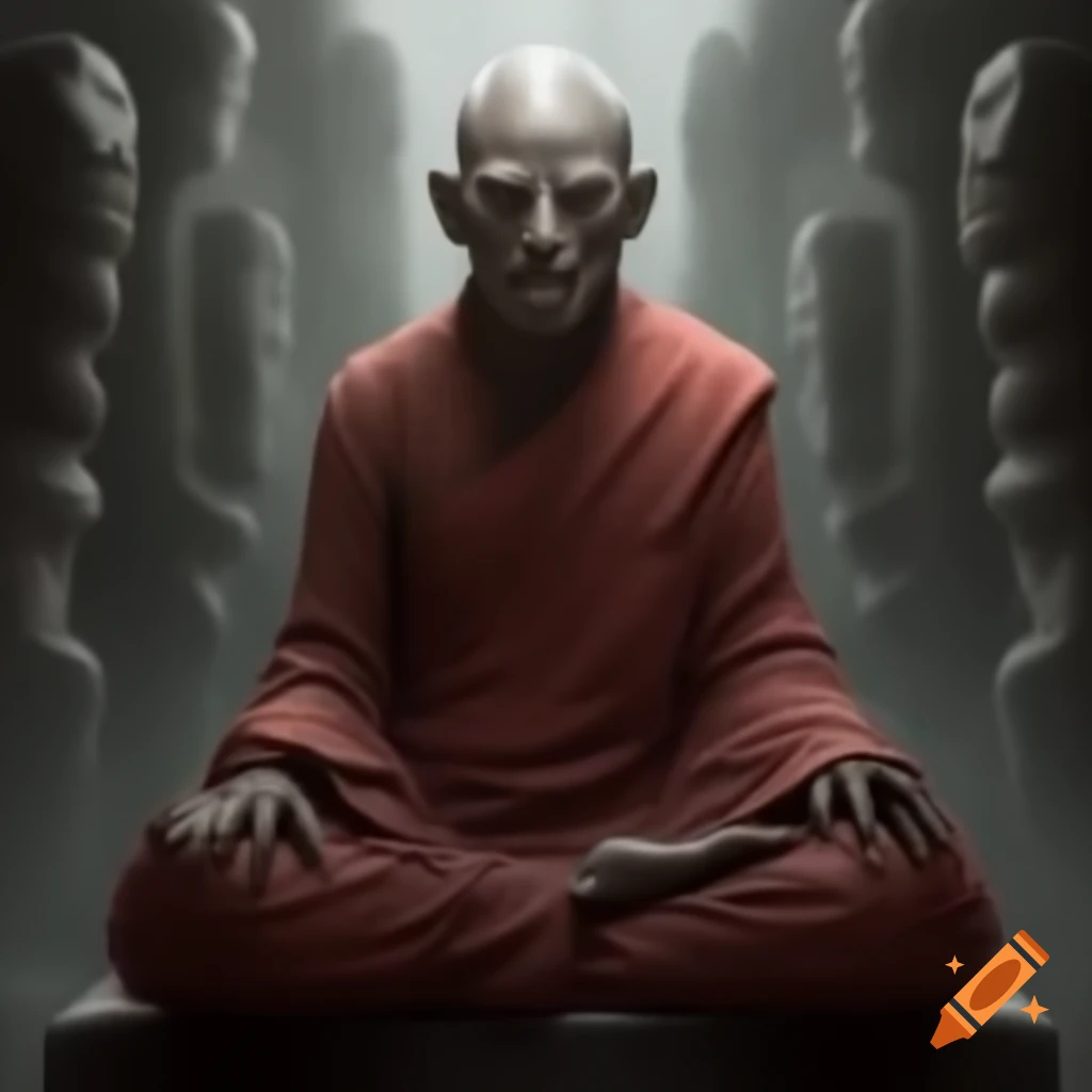 Sauropod dinosaur in crimson robe meditating gracefully