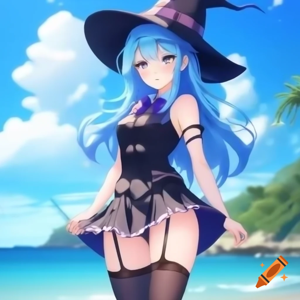 Anime girl with blue hair in witch costume at seaside