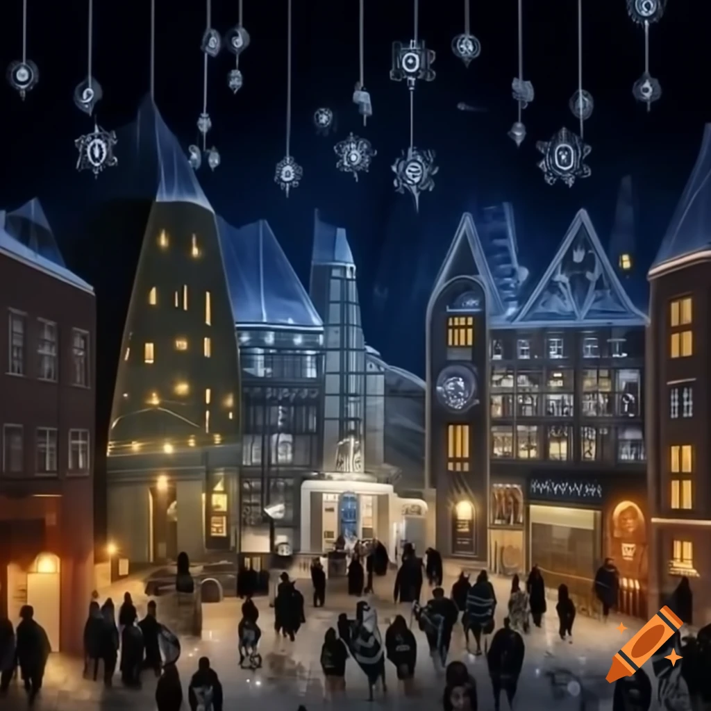 Night cityscape with festive lights and snowflakes, Christmas decorations