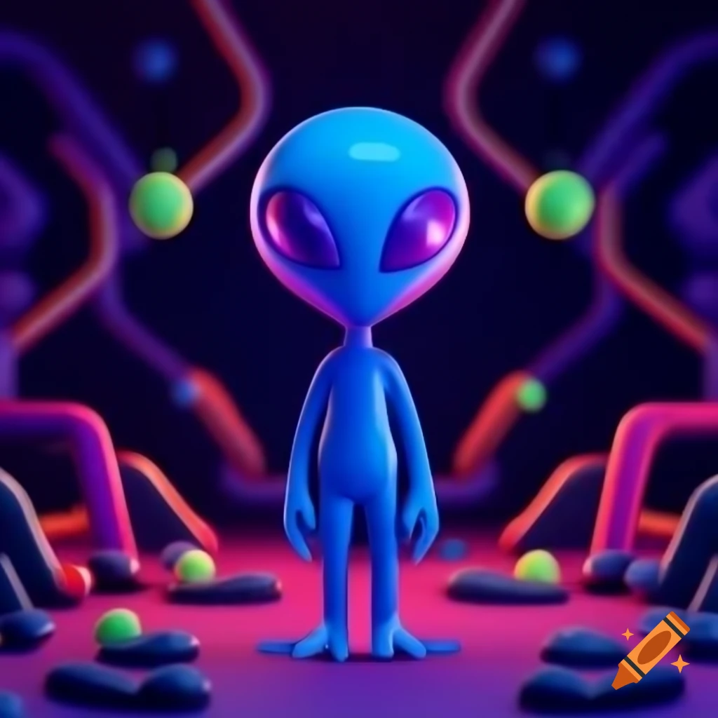 Blue humanoid alien in multicolored hyperbolic environment, 3D rendering