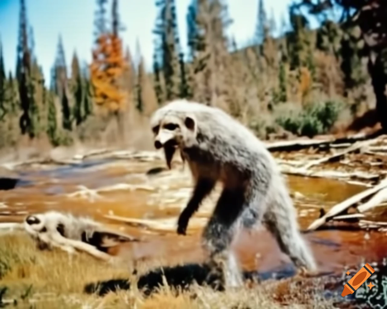 1967 found footage of bipedal creature with badger-like snout walking upright by river bank